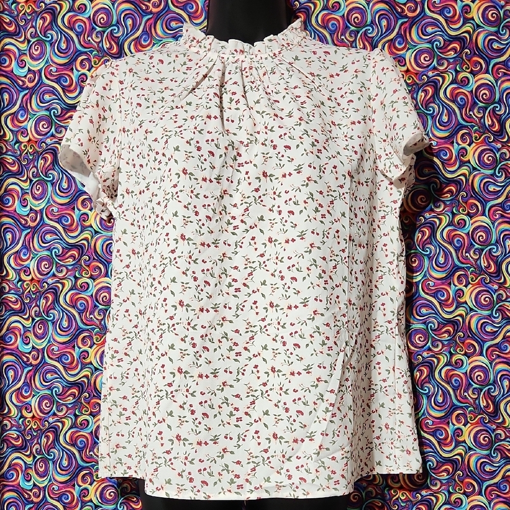 Floral Blouse with Ruffled Neckline